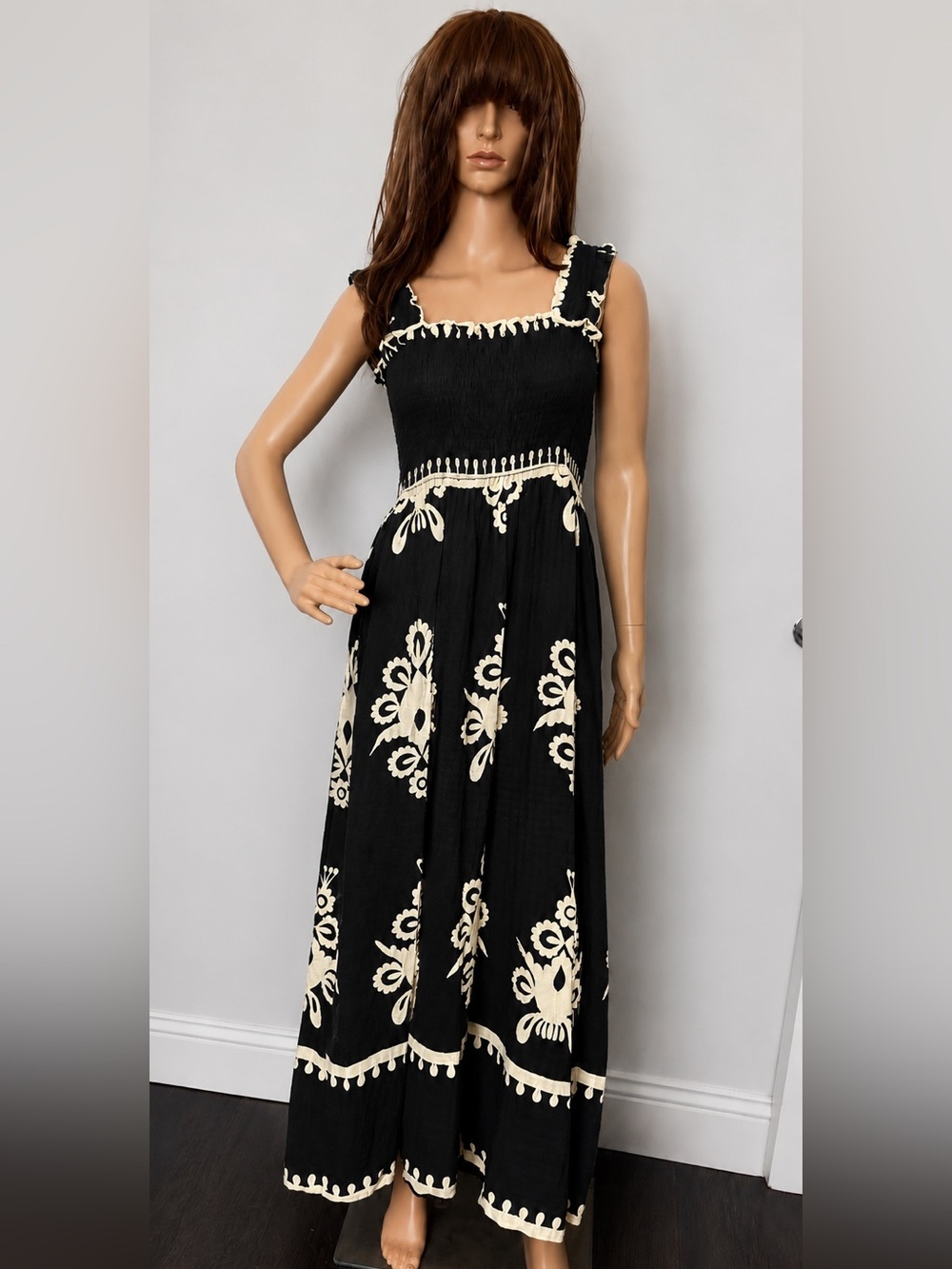 Abstract Maxi Sundress with Smocked Bodice